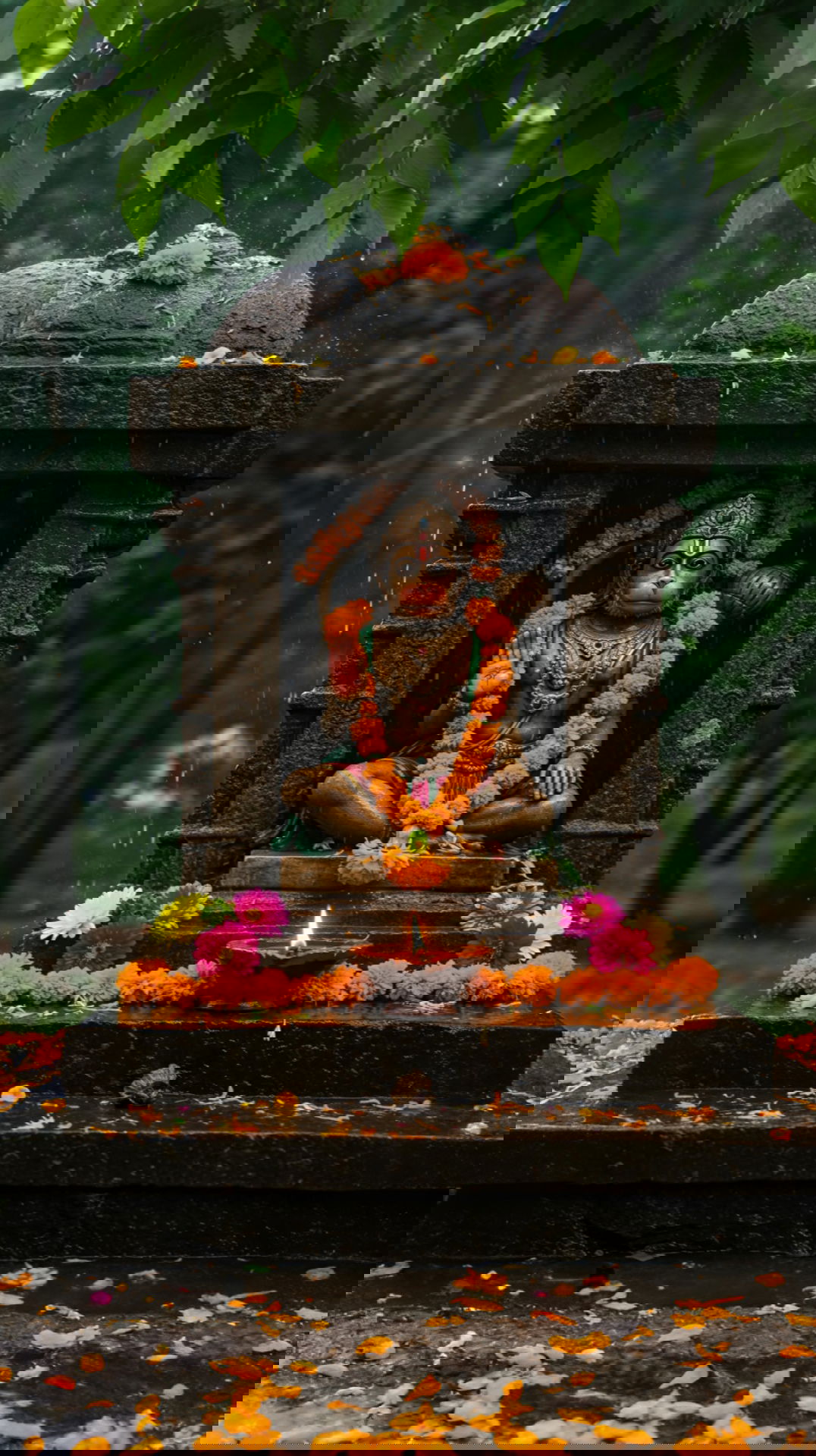 Hanuman statue in a rainy temple