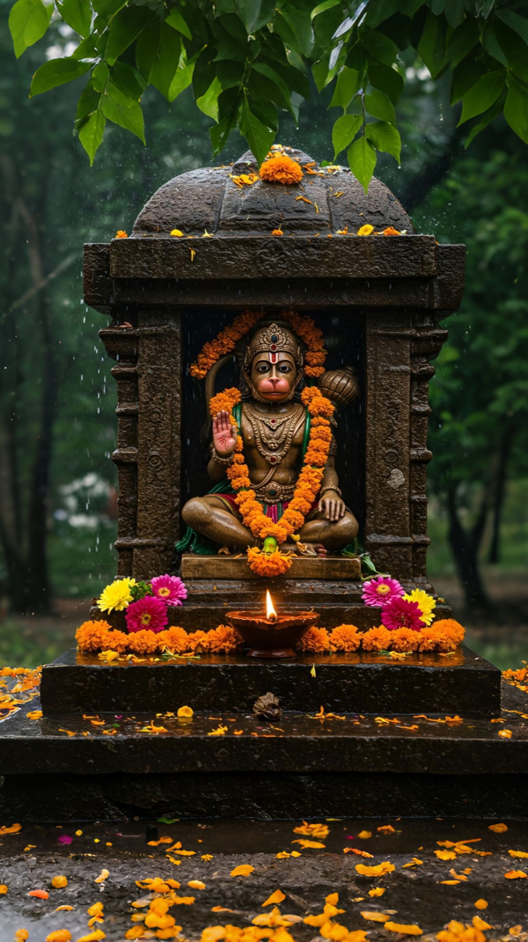 Hanuman statue in a rainy temple