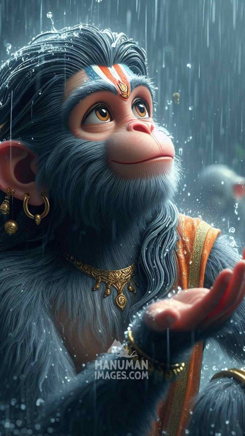 Hanuman bathed in monsoon rain.