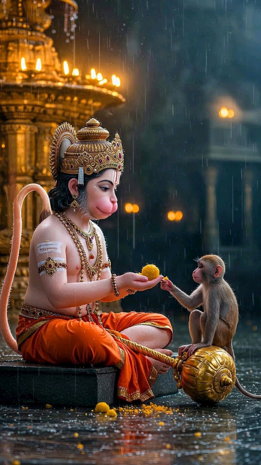 Hanuman accepting offering in the rain