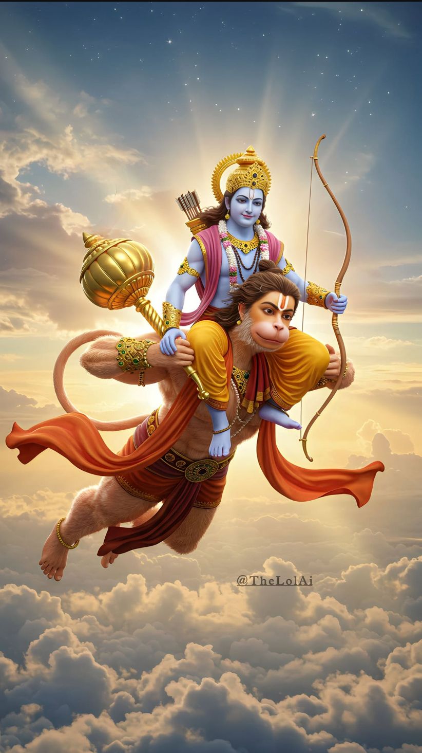 Lord Ram rides with Hanuman in the sky