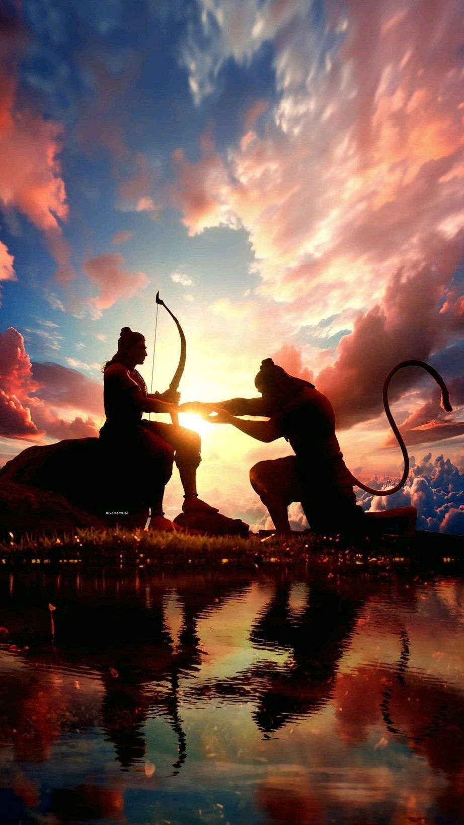 Hanuman and Ram against sunset backdrop