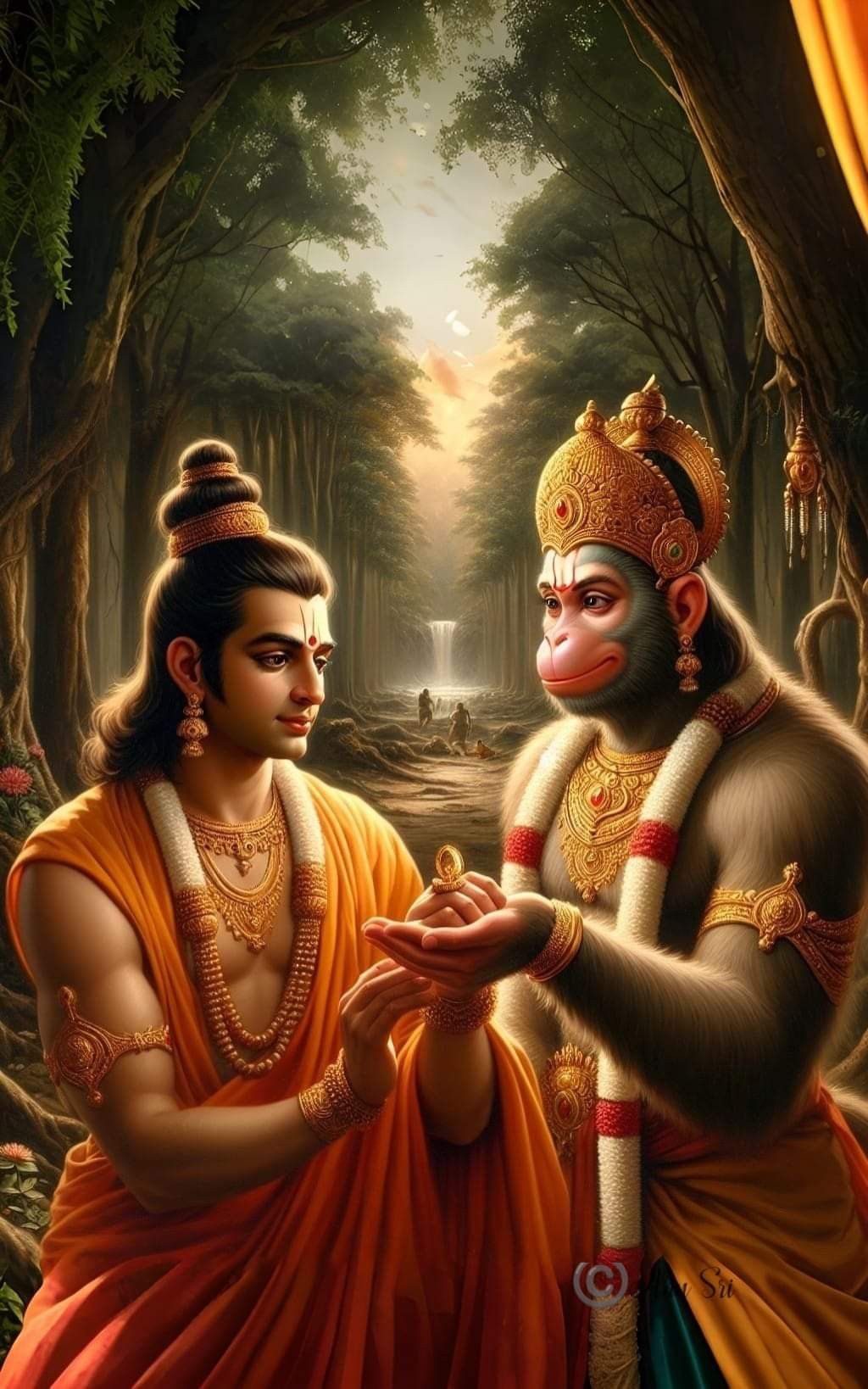 Rama and Hanuman sharing a sacred moment.