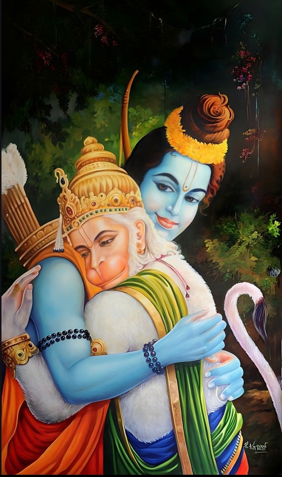 Lord Rama embracing Hanuman in forest