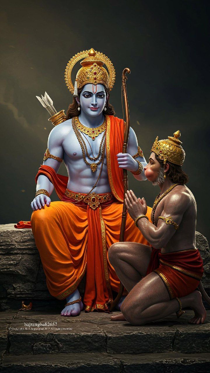 Hanuman offers prayers to Lord Rama.