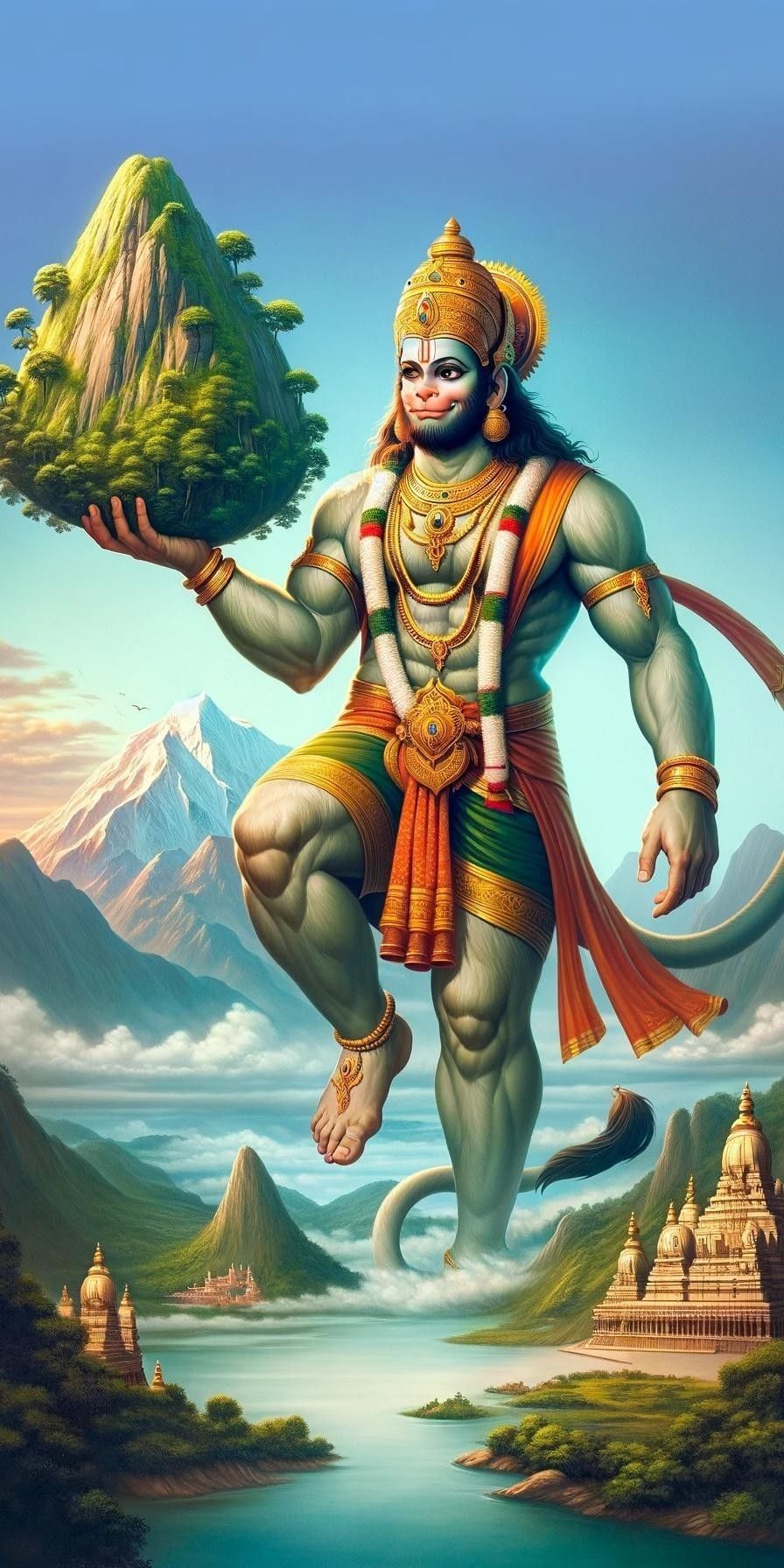 Hanuman carrying Sanjeevani mountain, divine art