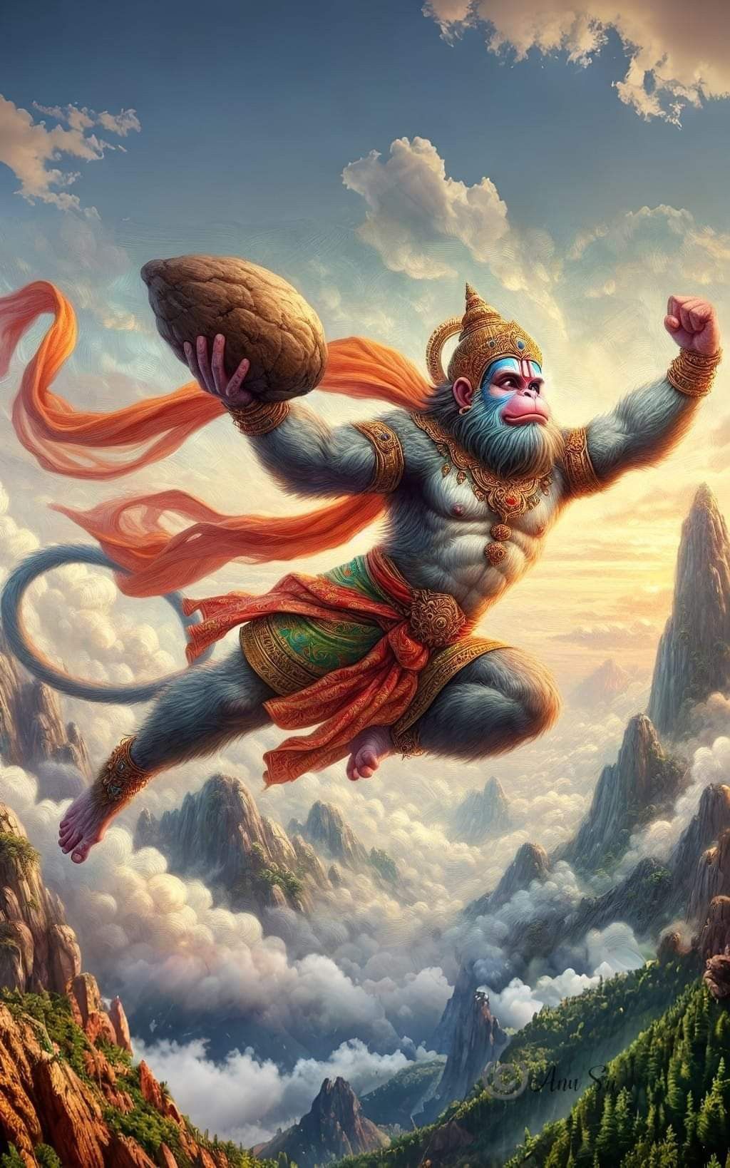 Hanuman carrying Sanjeevani mountain, divine rescue