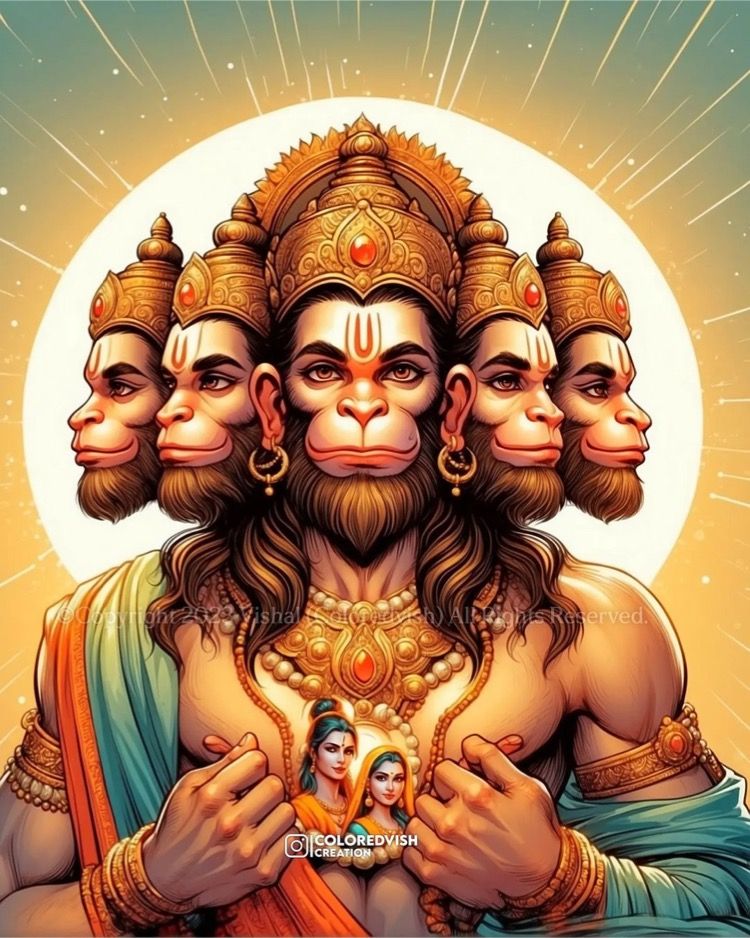 Seven-headed Hanuman with Sita at bottom.