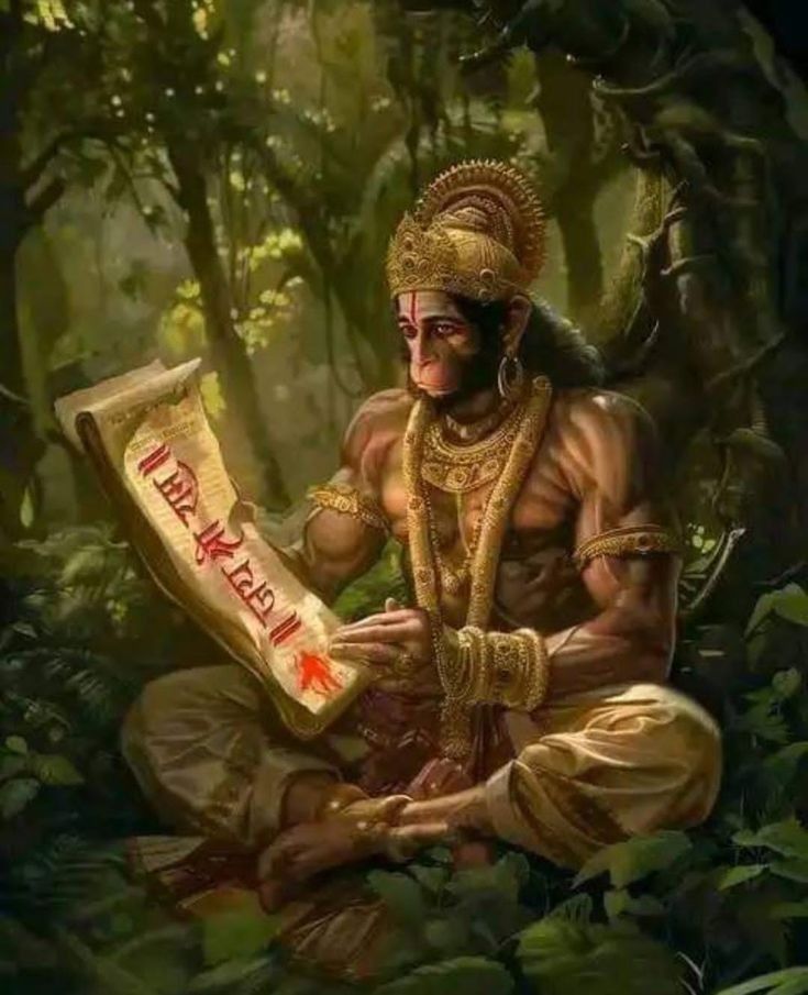 Hanuman reading sacred text in forest