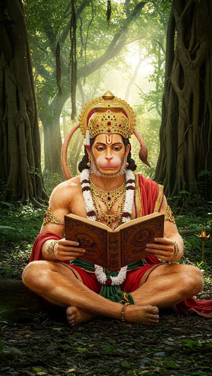 Hanuman reading the Ramayana in forest