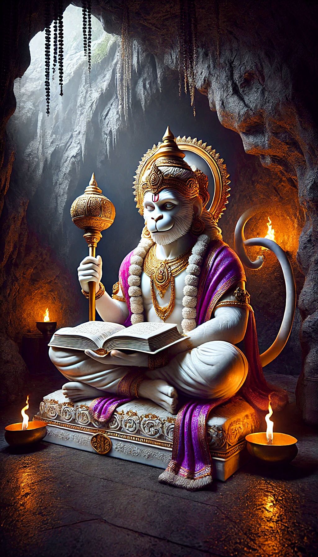 Hanuman reading sacred scriptures in a cave