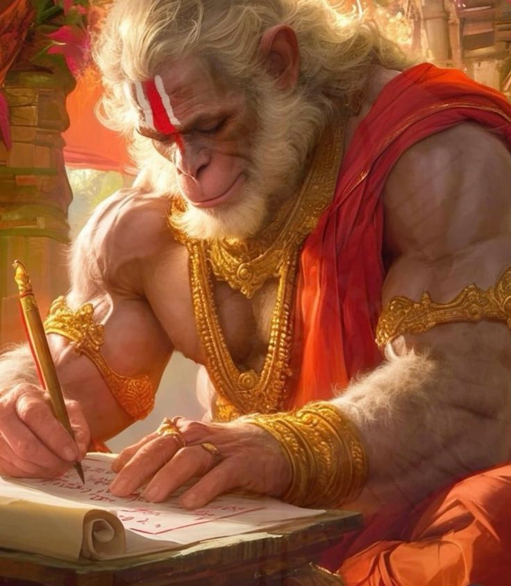 Hanuman writing the Ramayana beautifully.