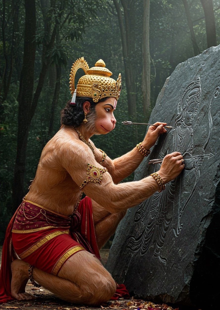 Hanuman meticulously carves a divine image