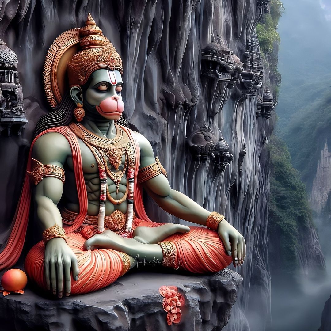 Hanuman in meditative pose amidst mountains