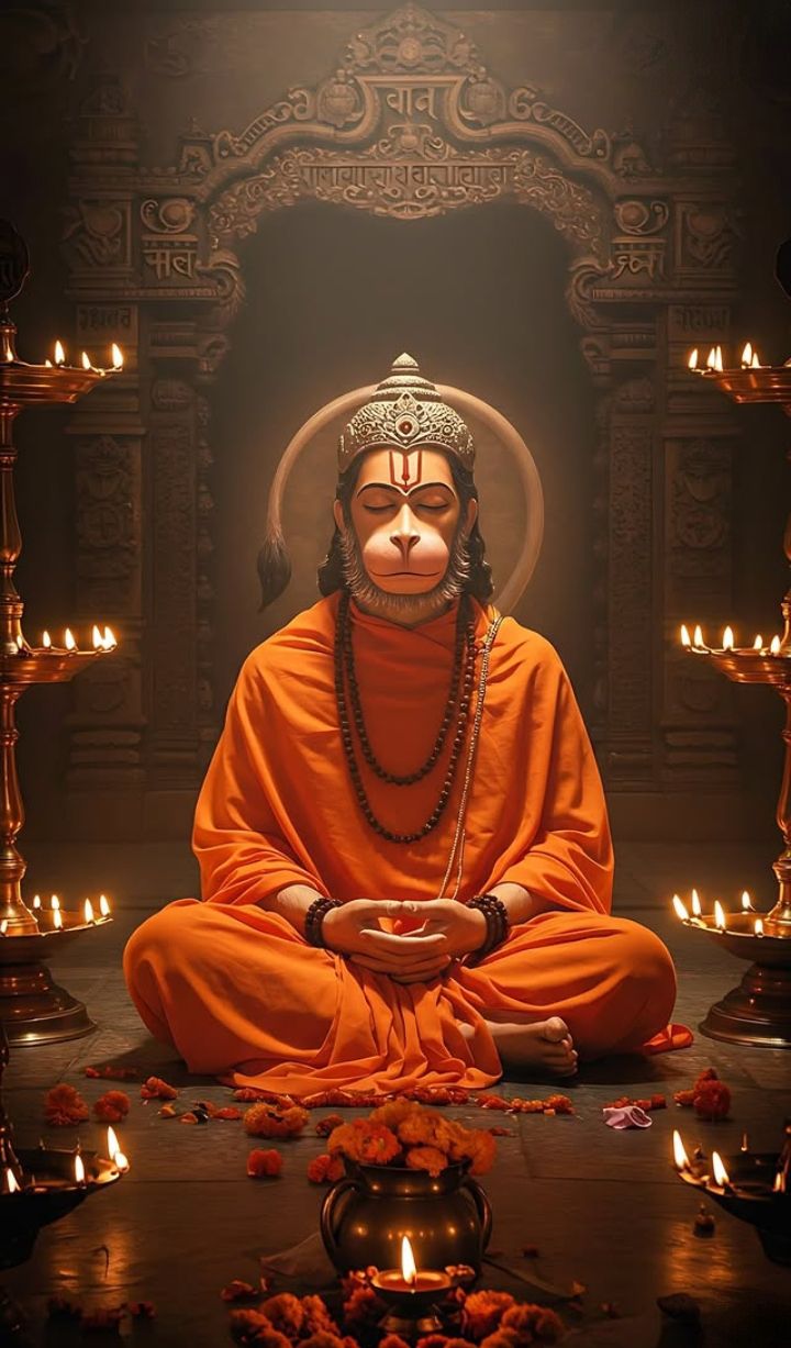Meditating Hanuman with lotus and diyas