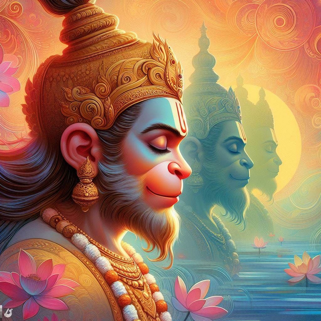 Peaceful Hanuman portrait with lotus flowers