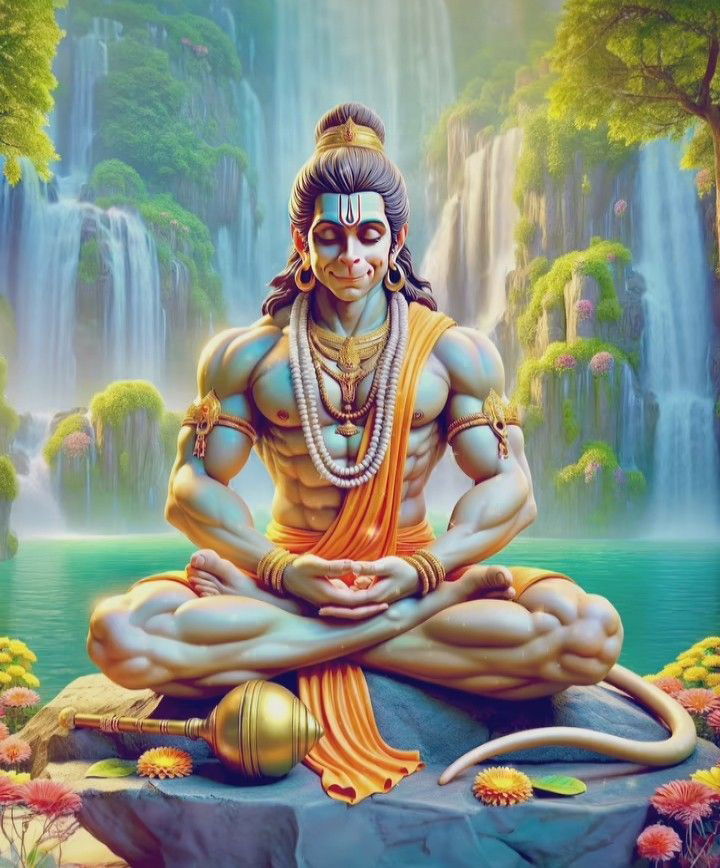 Hanuman meditating by a waterfall
