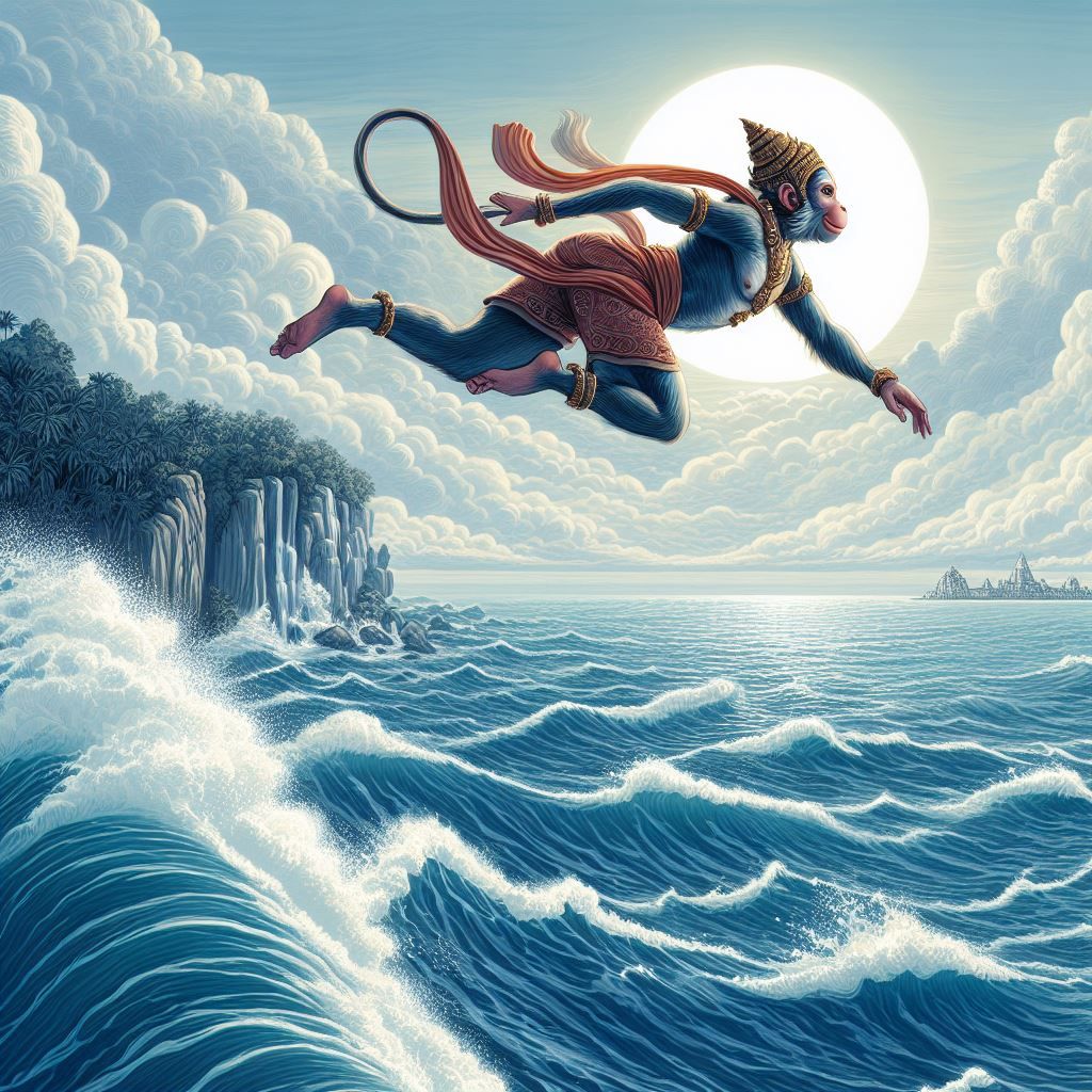 Hanuman flying across ocean sky