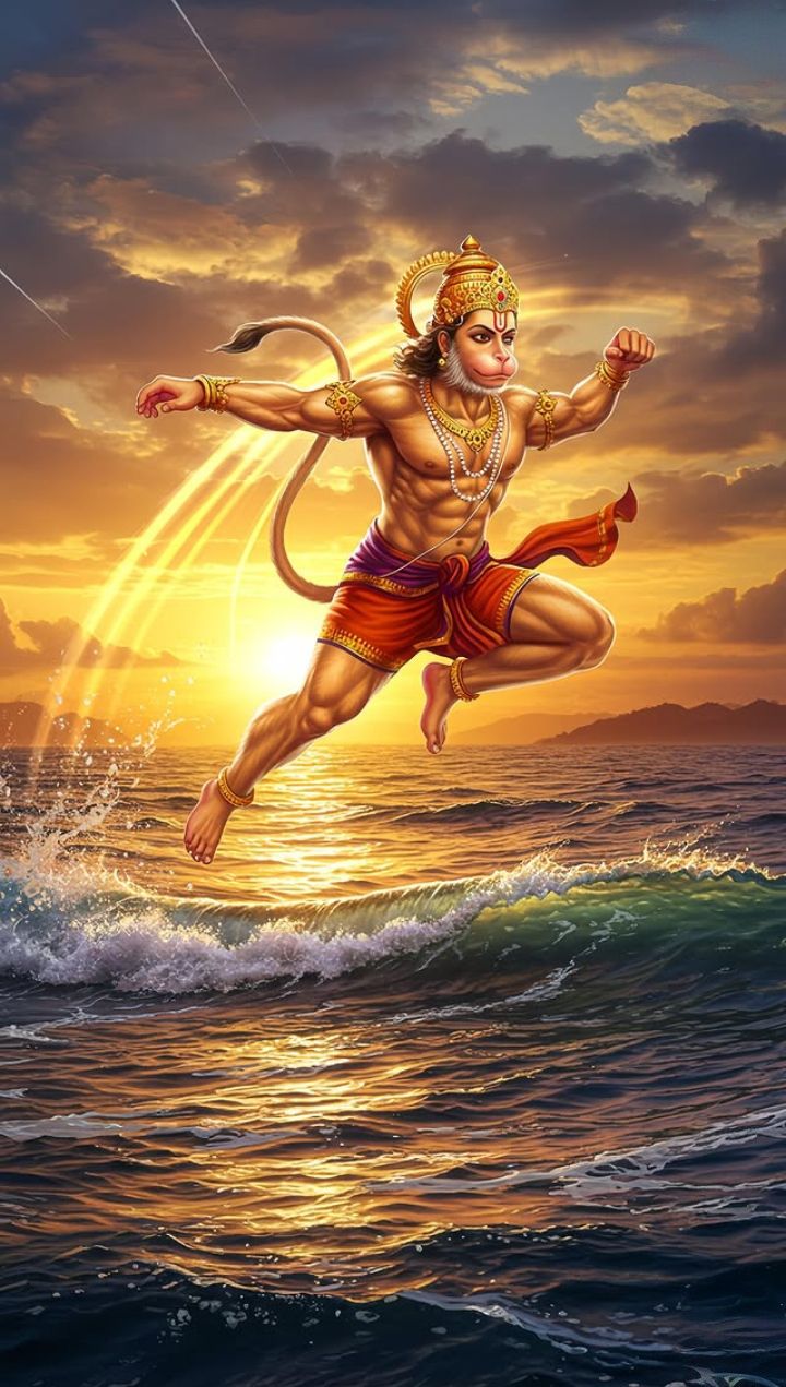 Hanuman leaps over ocean during sunset