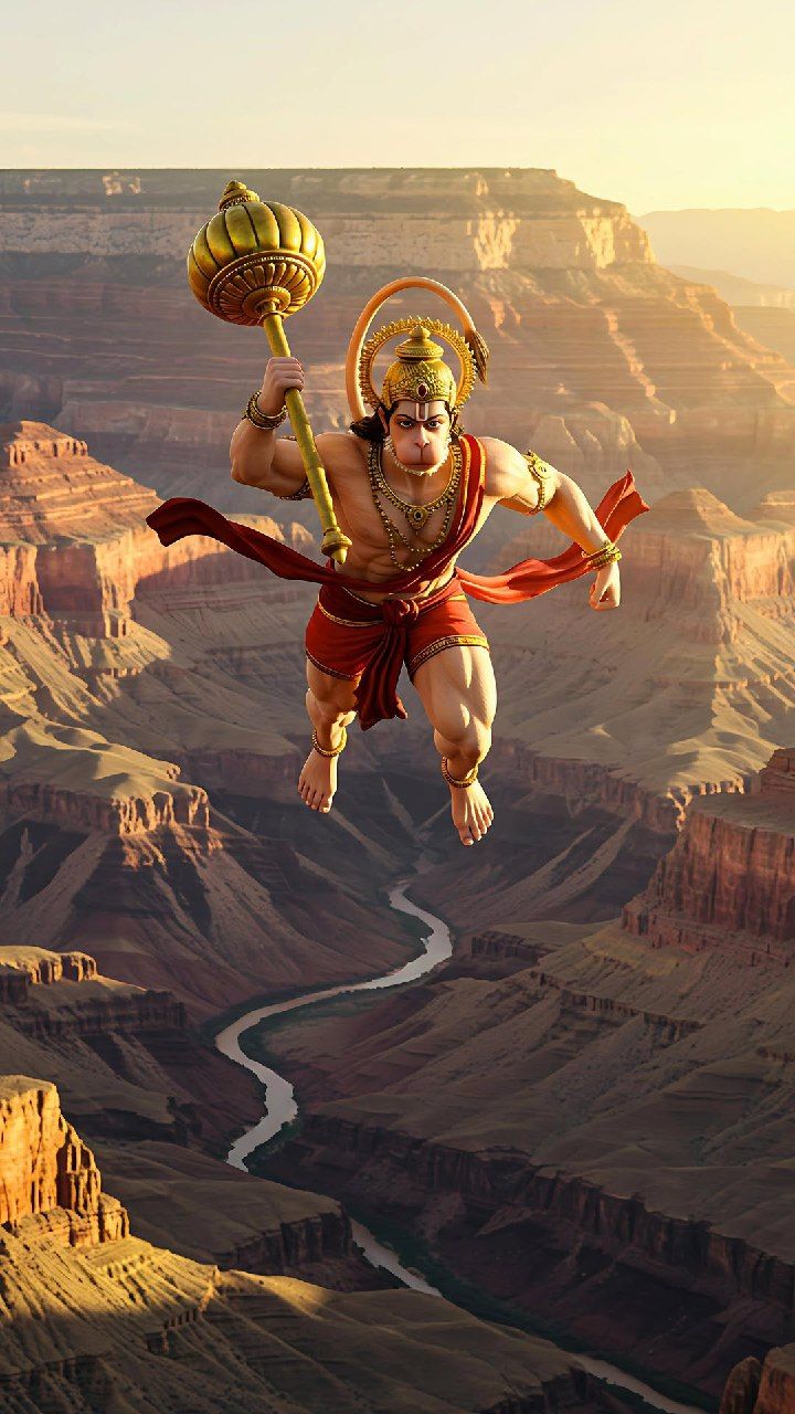 Hanuman flying with golden mace