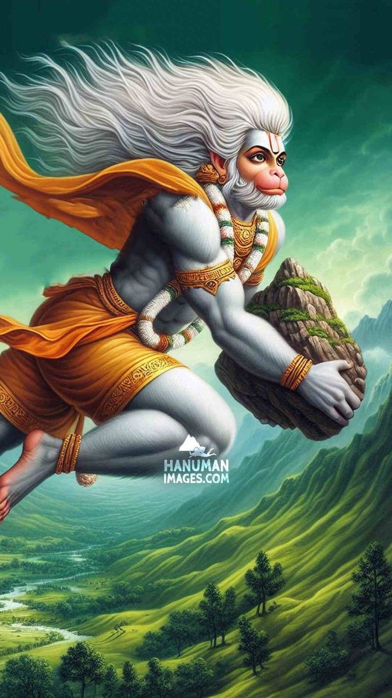 Hanuman soaring across green mountains