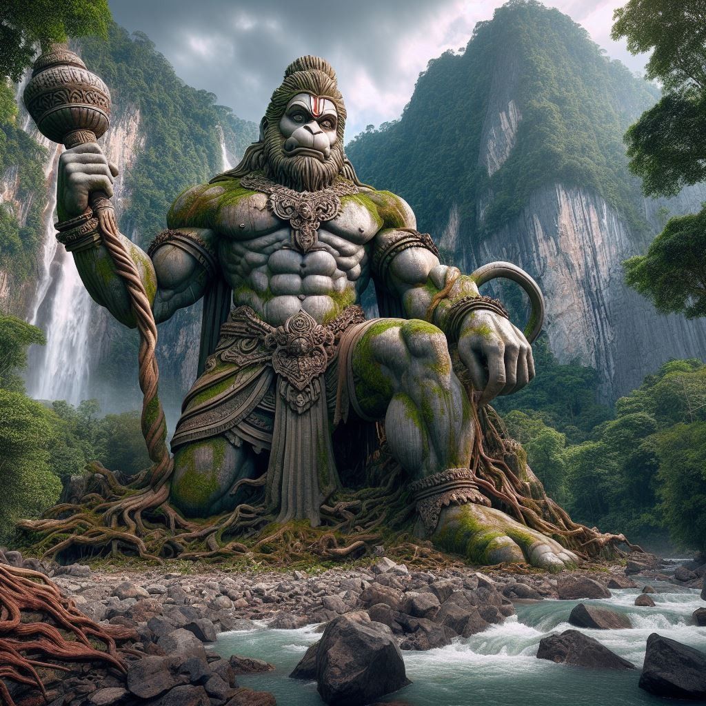 Hanuman statue amidst lush mountains.