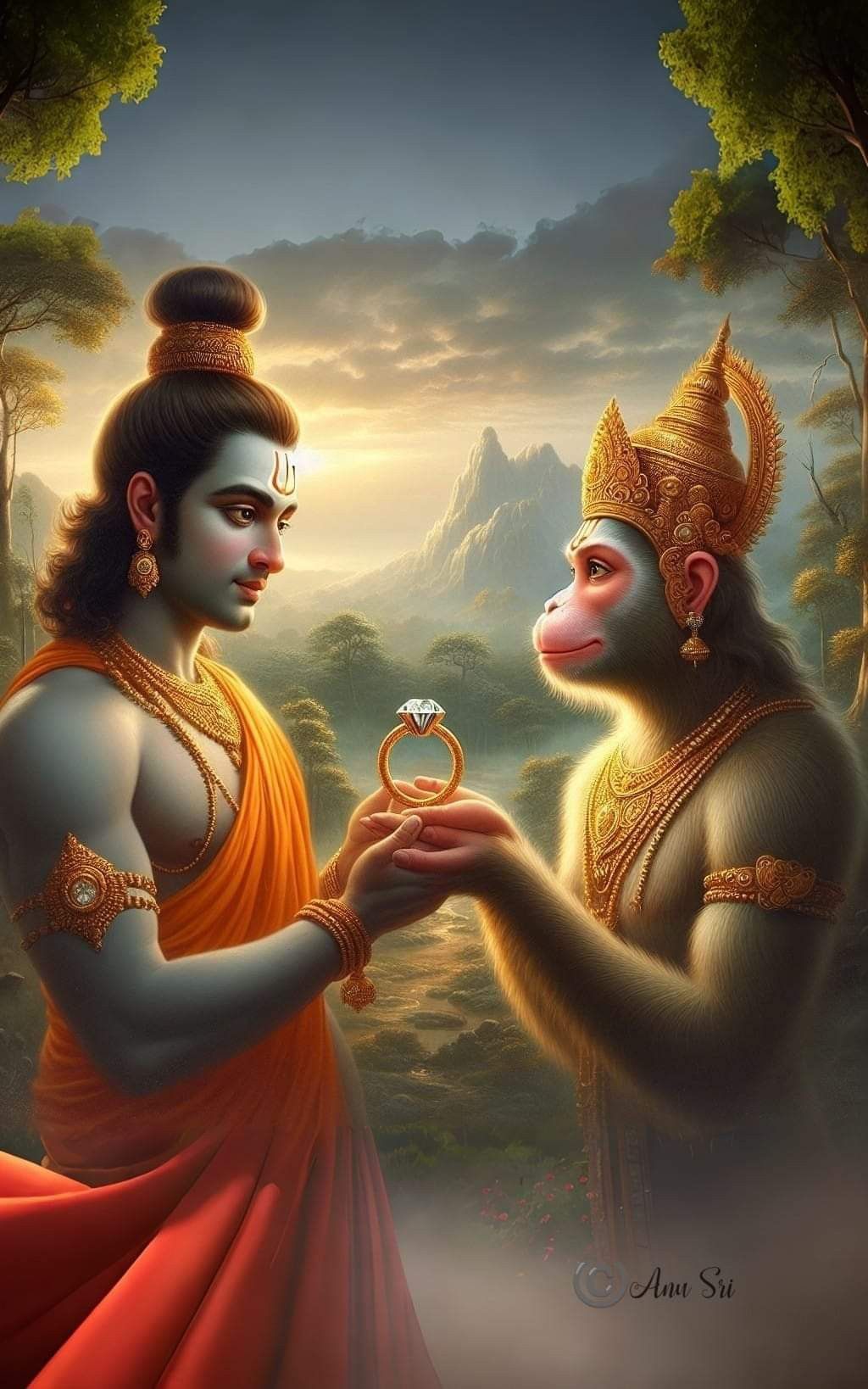 Hanuman, Ram, and Sugriva in forest setting