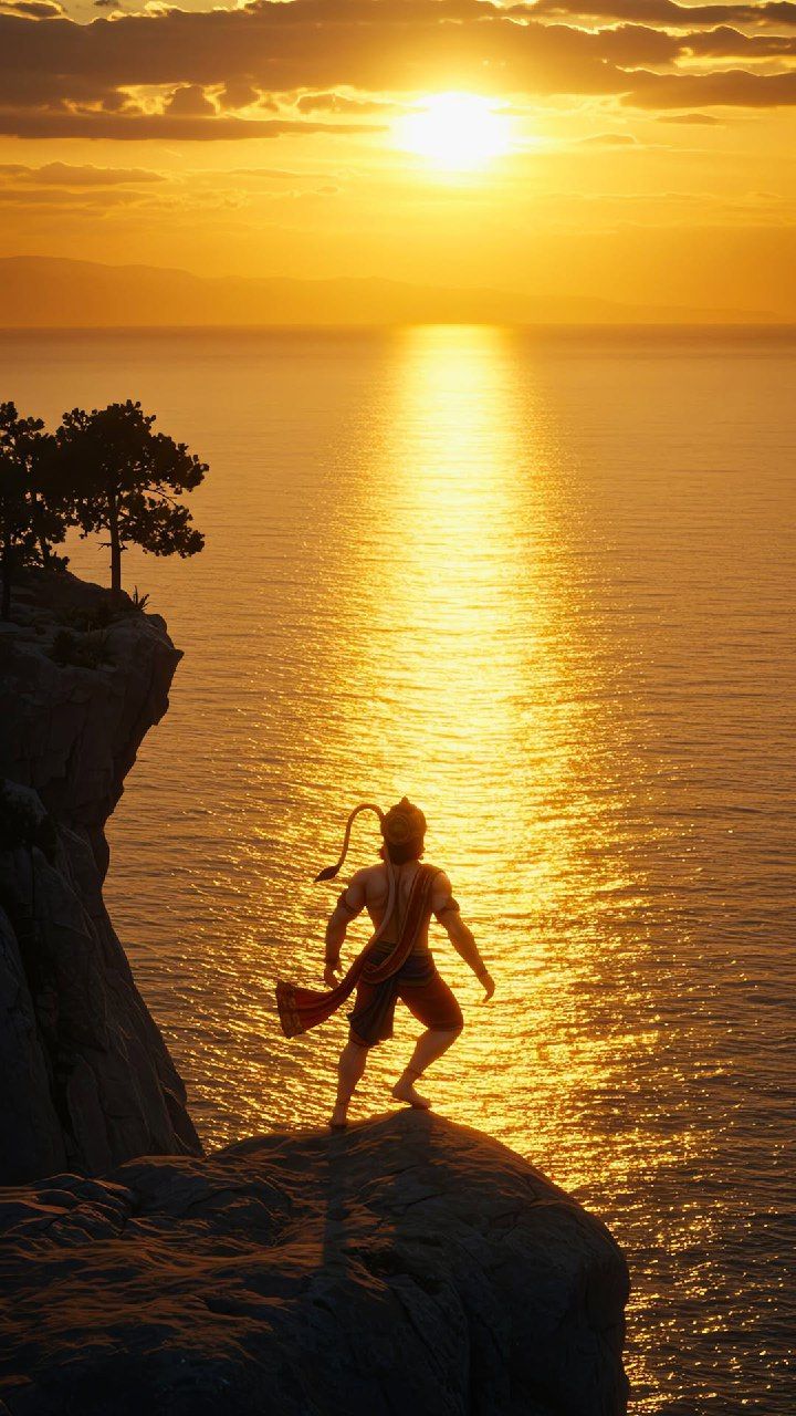 Hanuman overlooking ocean at sunrise.