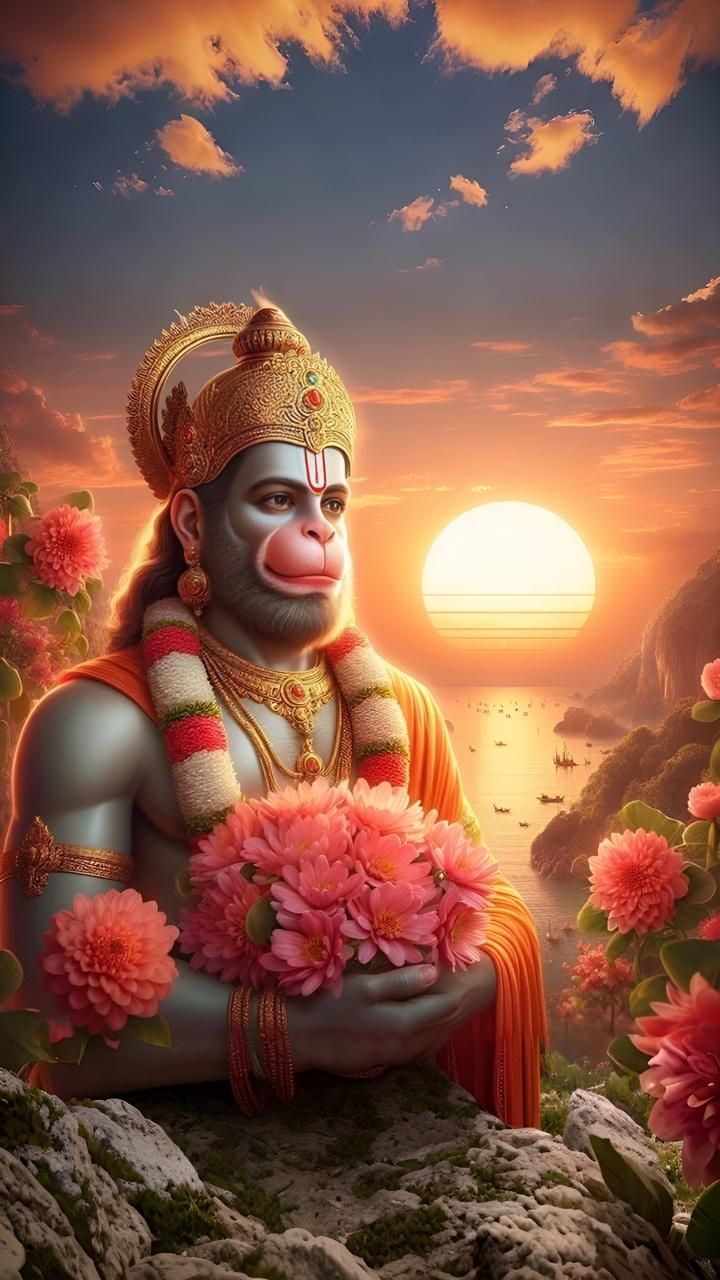 Hanuman sits during a golden sunset.