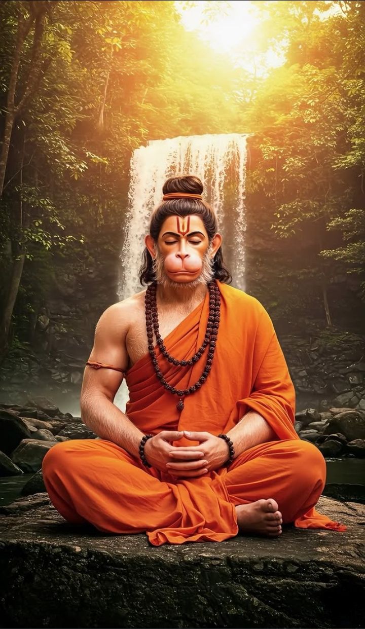 Hanuman meditating by a waterfall