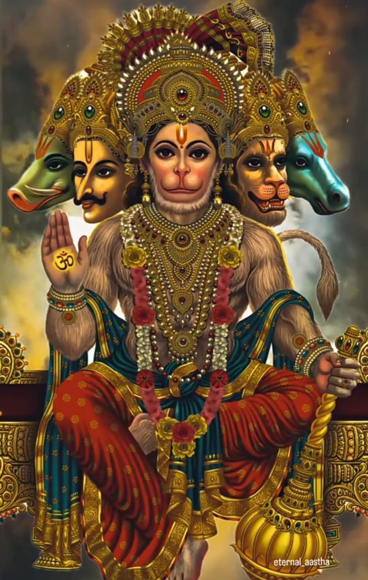 Powerful Hanuman with three faces, divine.