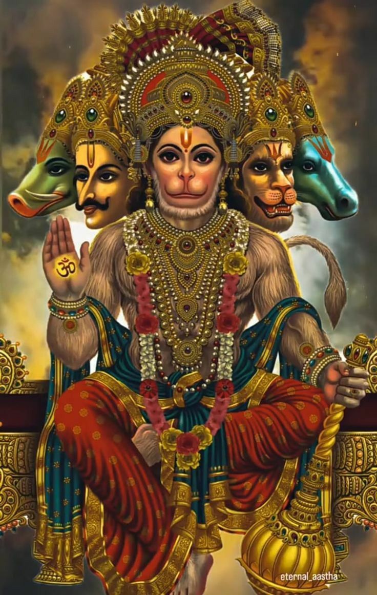 Three-headed Hanuman on ornate throne