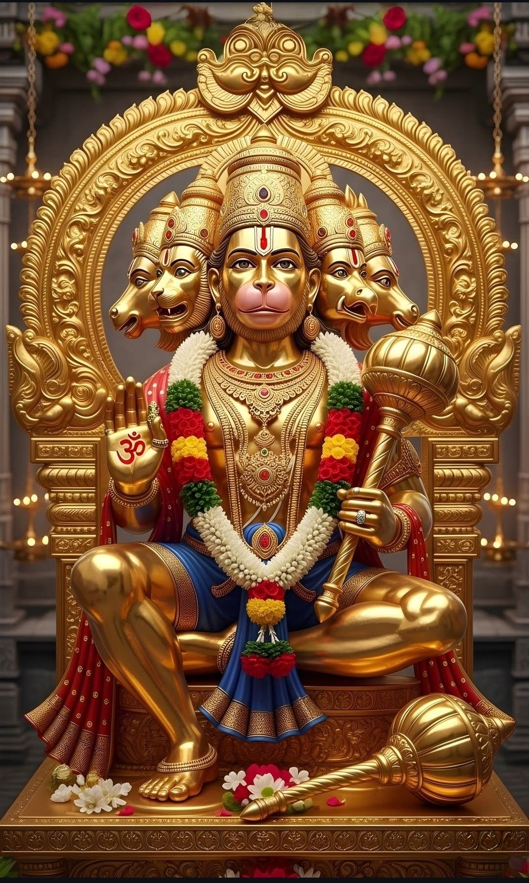 Golden three-faced Hanuman on a throne