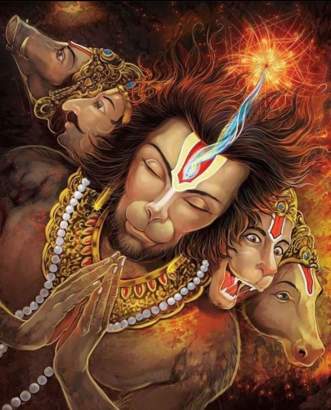 Hanumanji\'s three-faced divine portrait