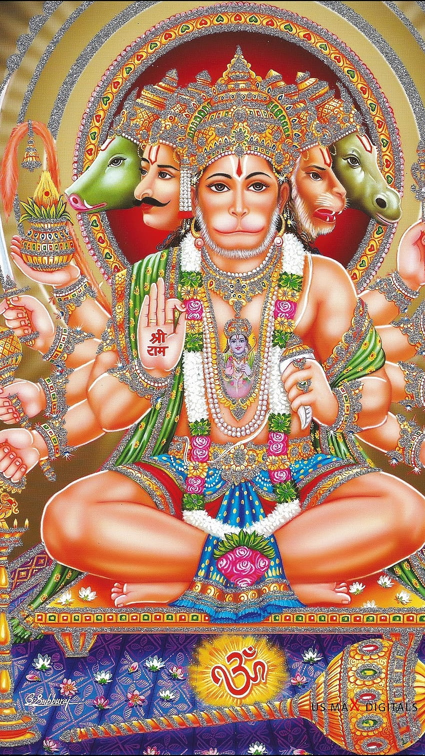 Triple-headed Hanuman with Ram and Sita