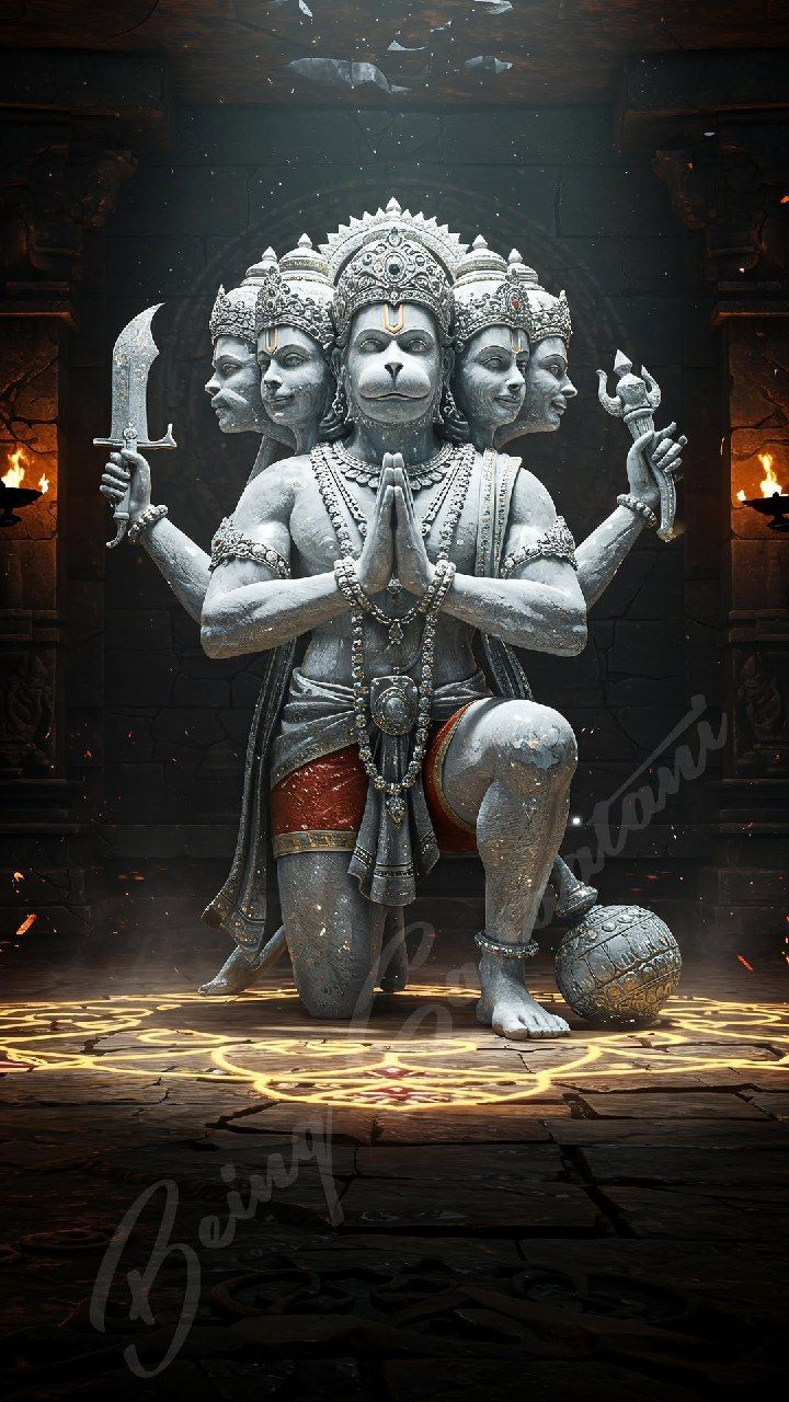 Triple-headed Hanuman statue, divine strength.