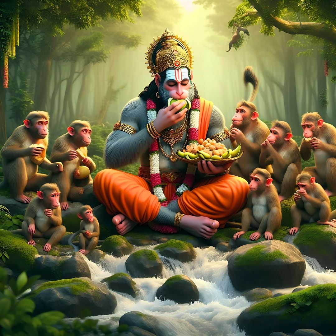 Hanuman sharing fruit with monkeys