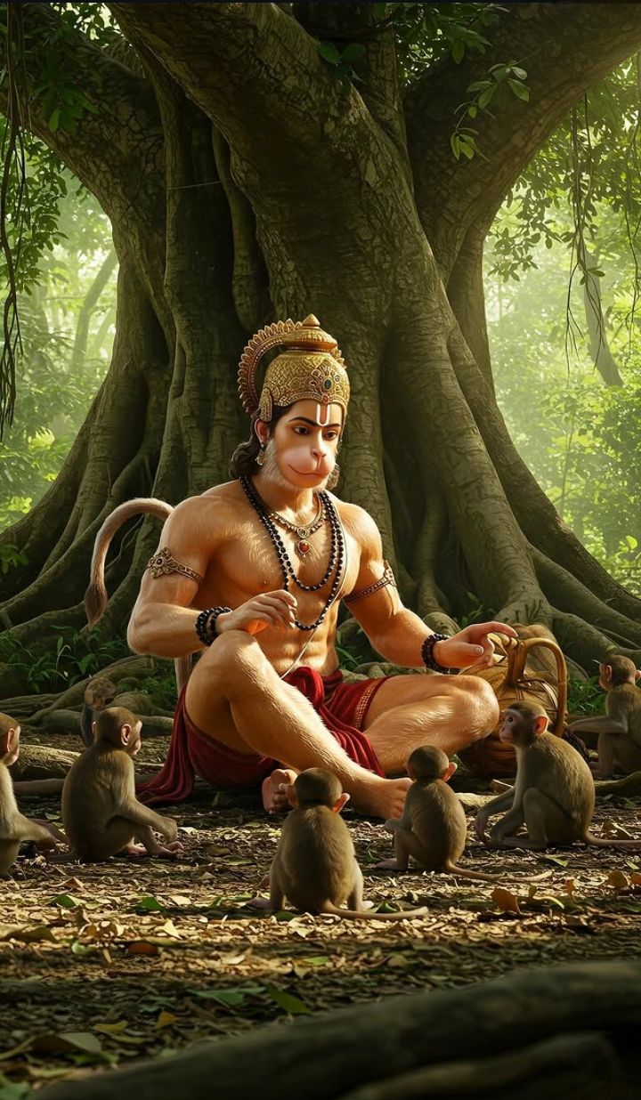 Hanuman meditating with monkey companions