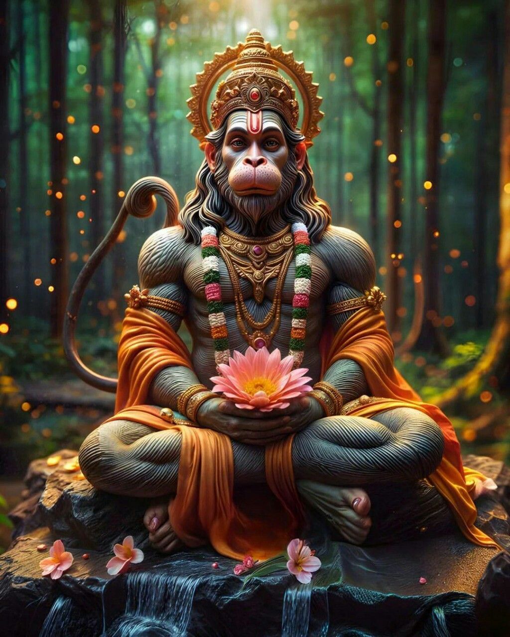 Hanuman meditating in a lush forest.