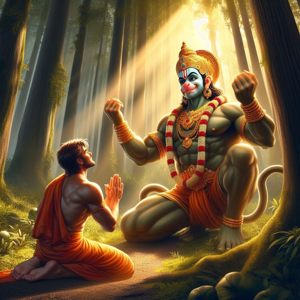 Hanuman bestows blessings in forest setting