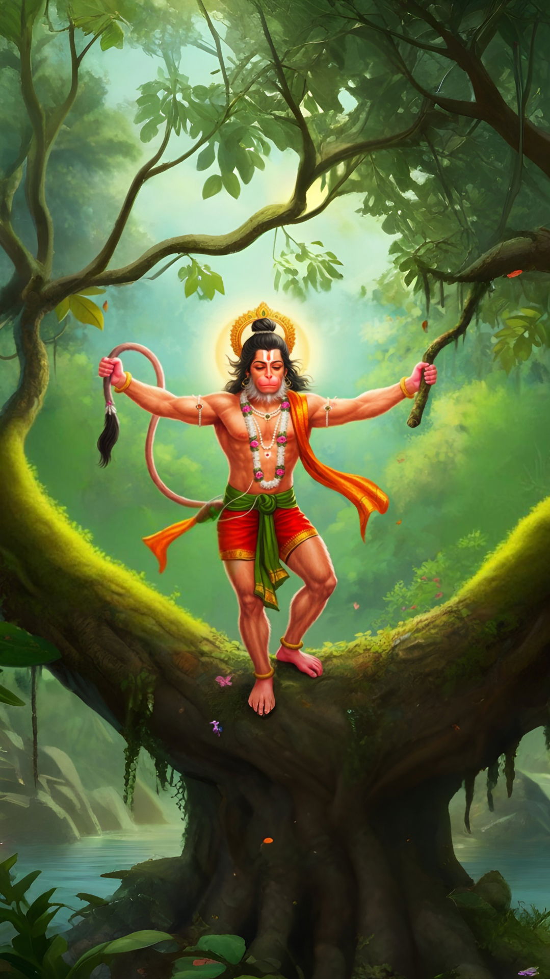 Hanuman leaping in a lush forest