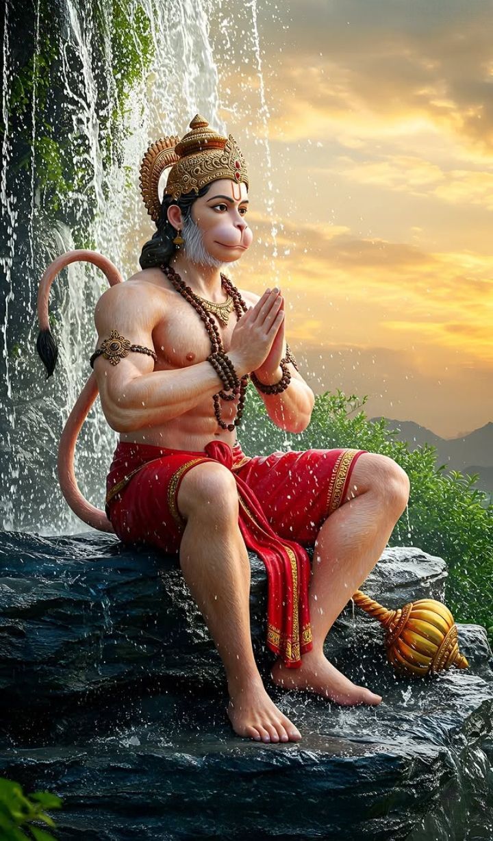 Hanuman praying by a waterfall.