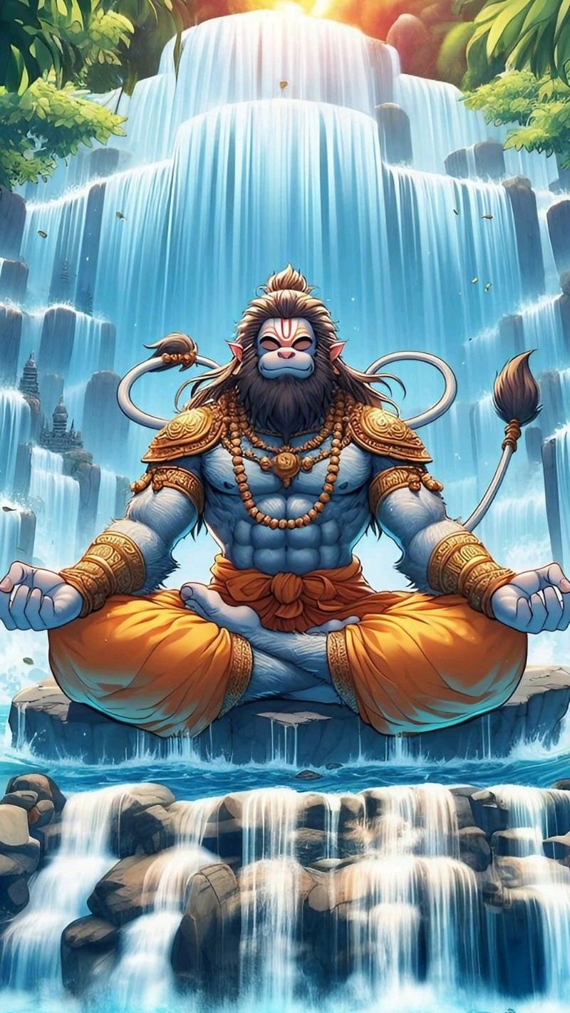 Hanuman meditating before a waterfall