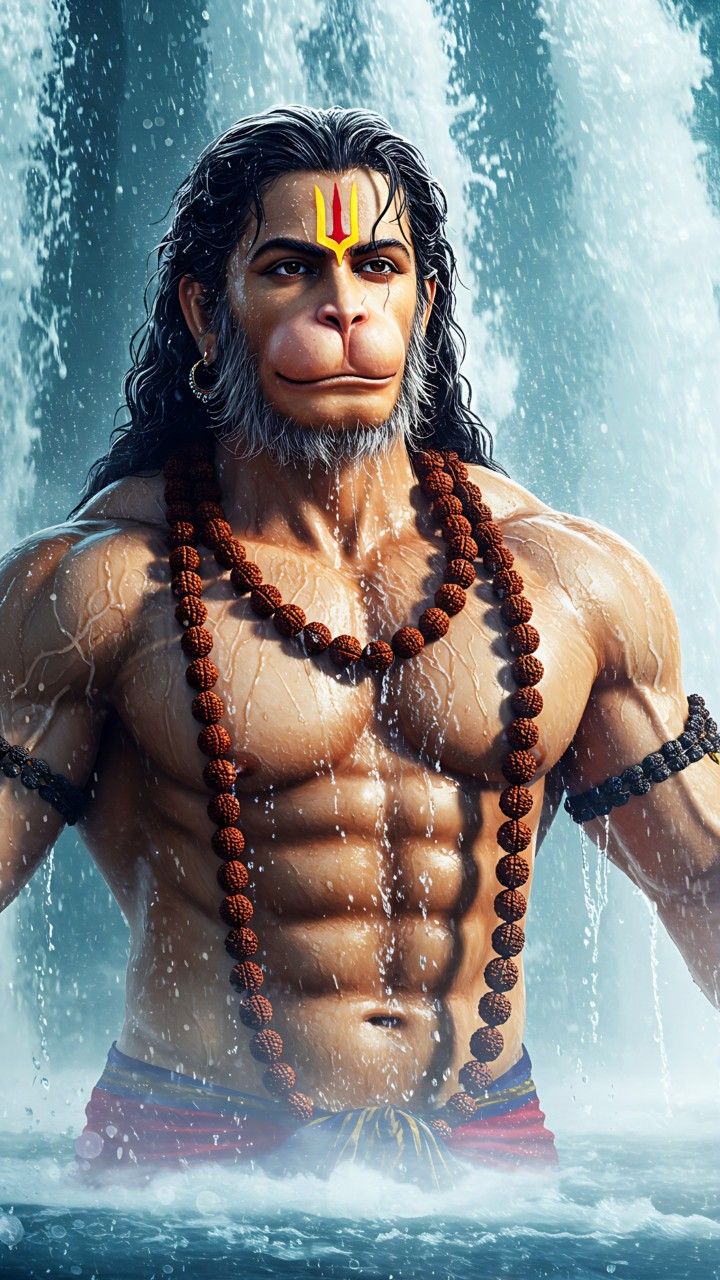 Powerful Hanuman standing in waterfall