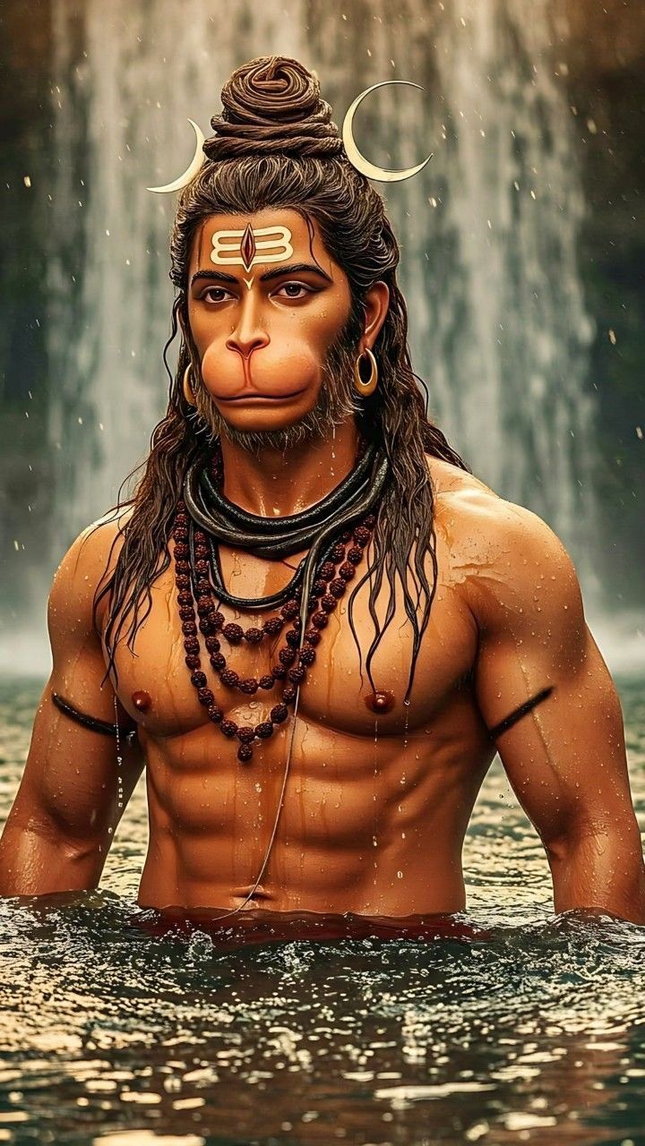 Hanuman emerging from a powerful waterfall