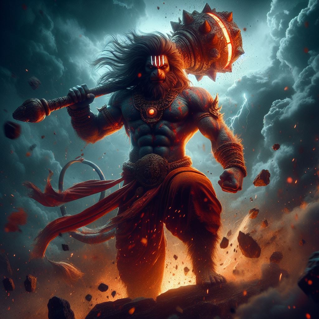 Powerful Hanuman with mace in storm