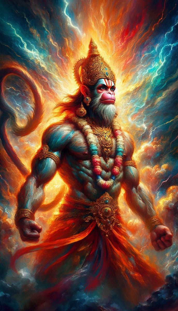 Powerful Hanuman with mace against flames.