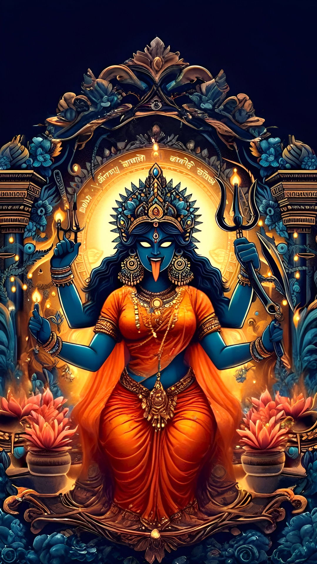 Maa Kali wielding trident and lotus
