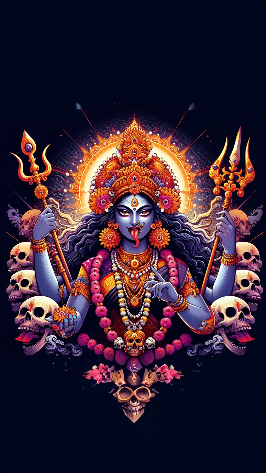 Fierce Kali Maa with trident and skulls