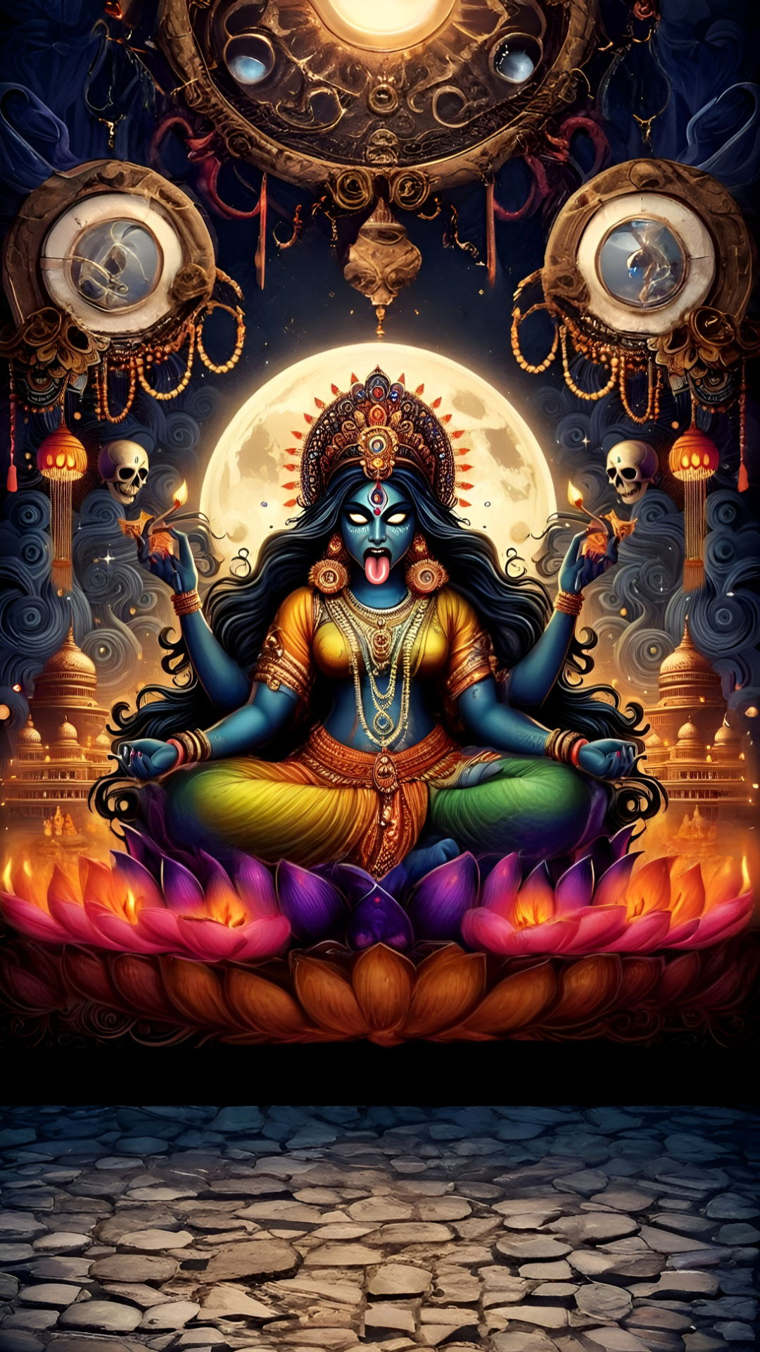 Kali Maa sits on a lotus flower.